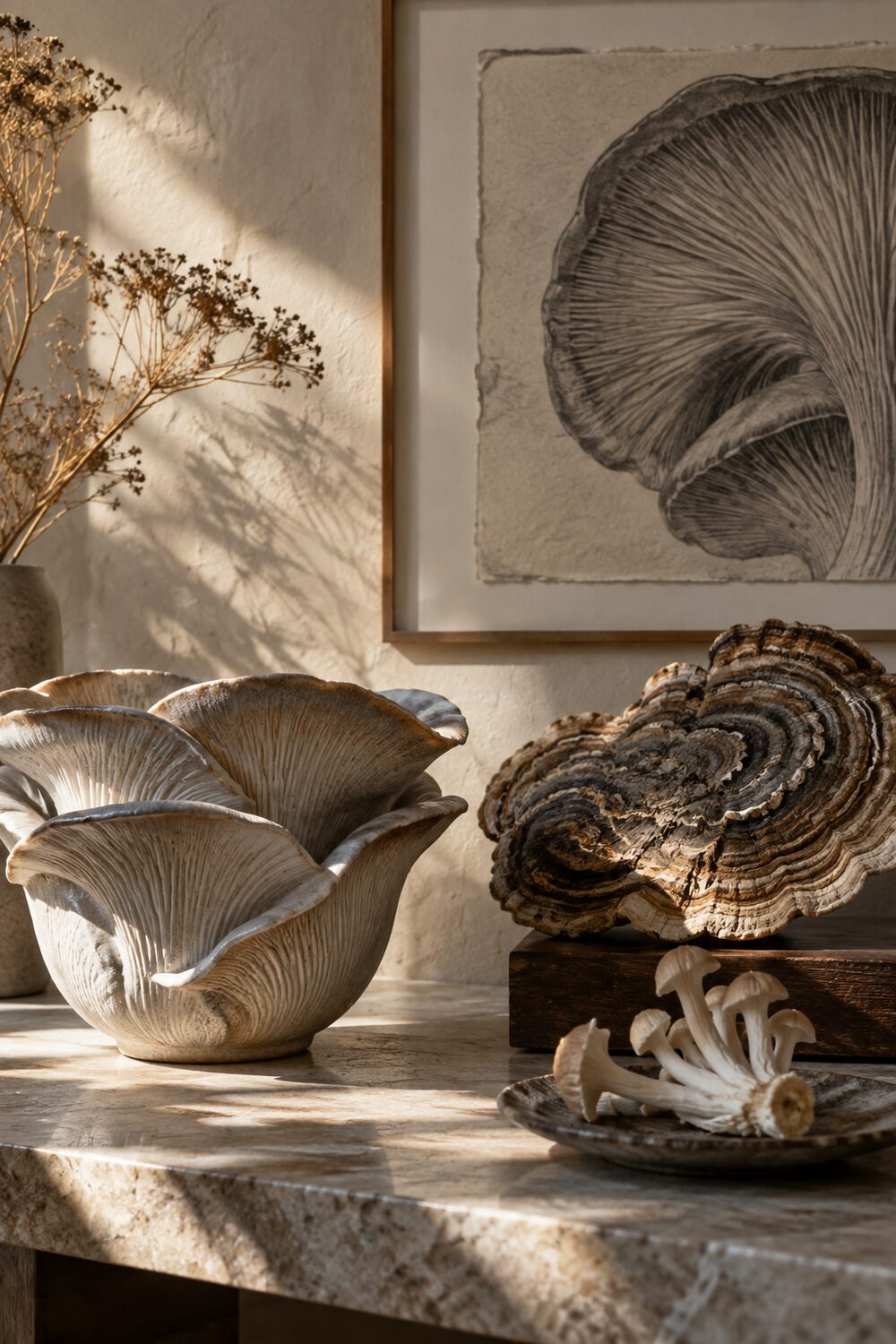 A stoneware oyster-cap vessel, a dried bracket fungus, and a charcoal gill study.