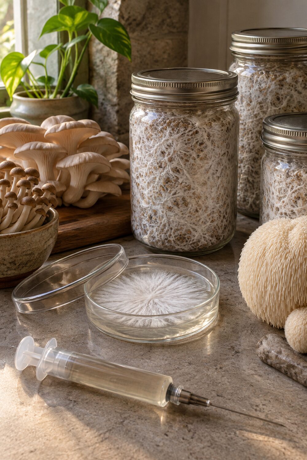 Glass jars of white mycelium and an unmarked liquid-culture syringe on warm stone.