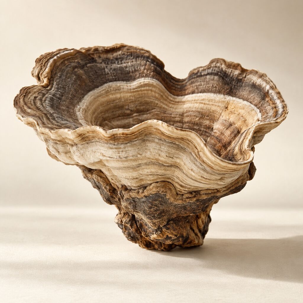 A sculptural dried bracket fungus standing like a small vessel.