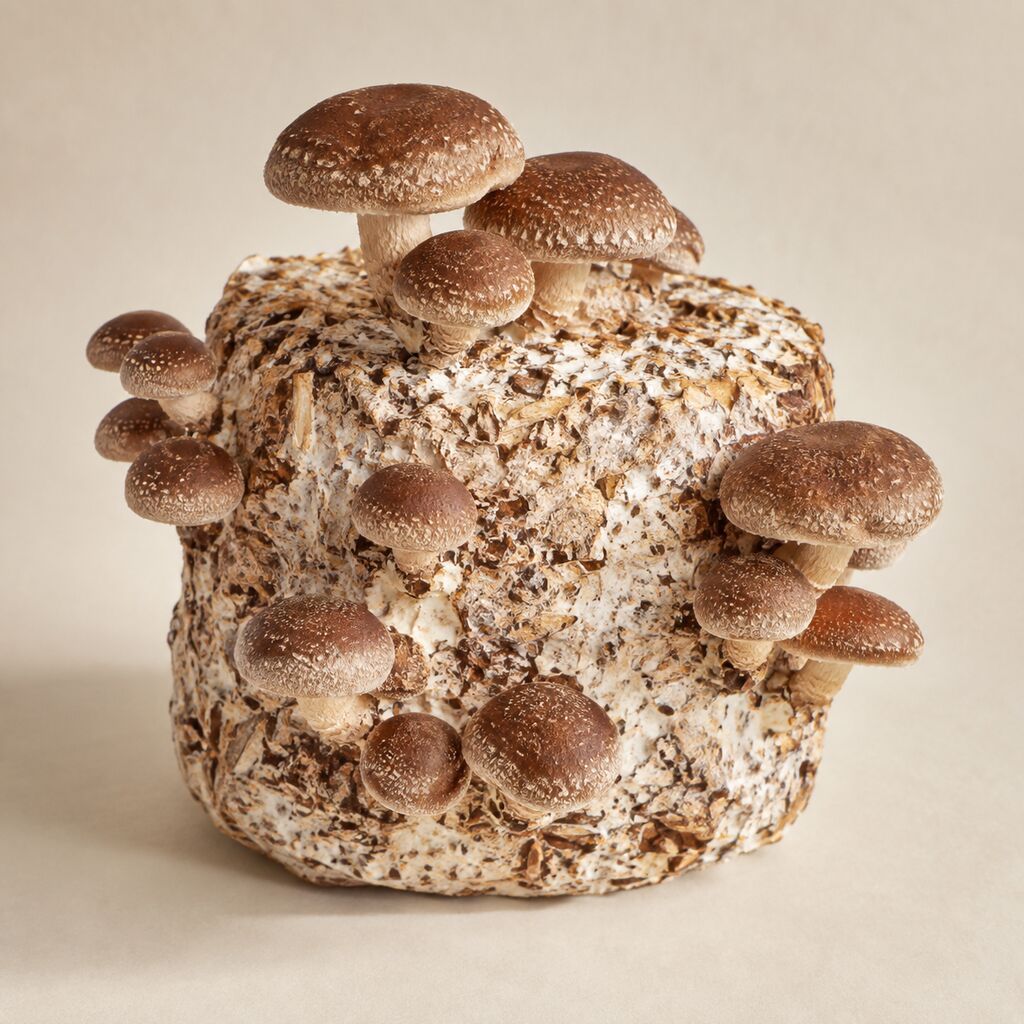 Chestnut mushrooms emerging from a sawdust fruiting block.