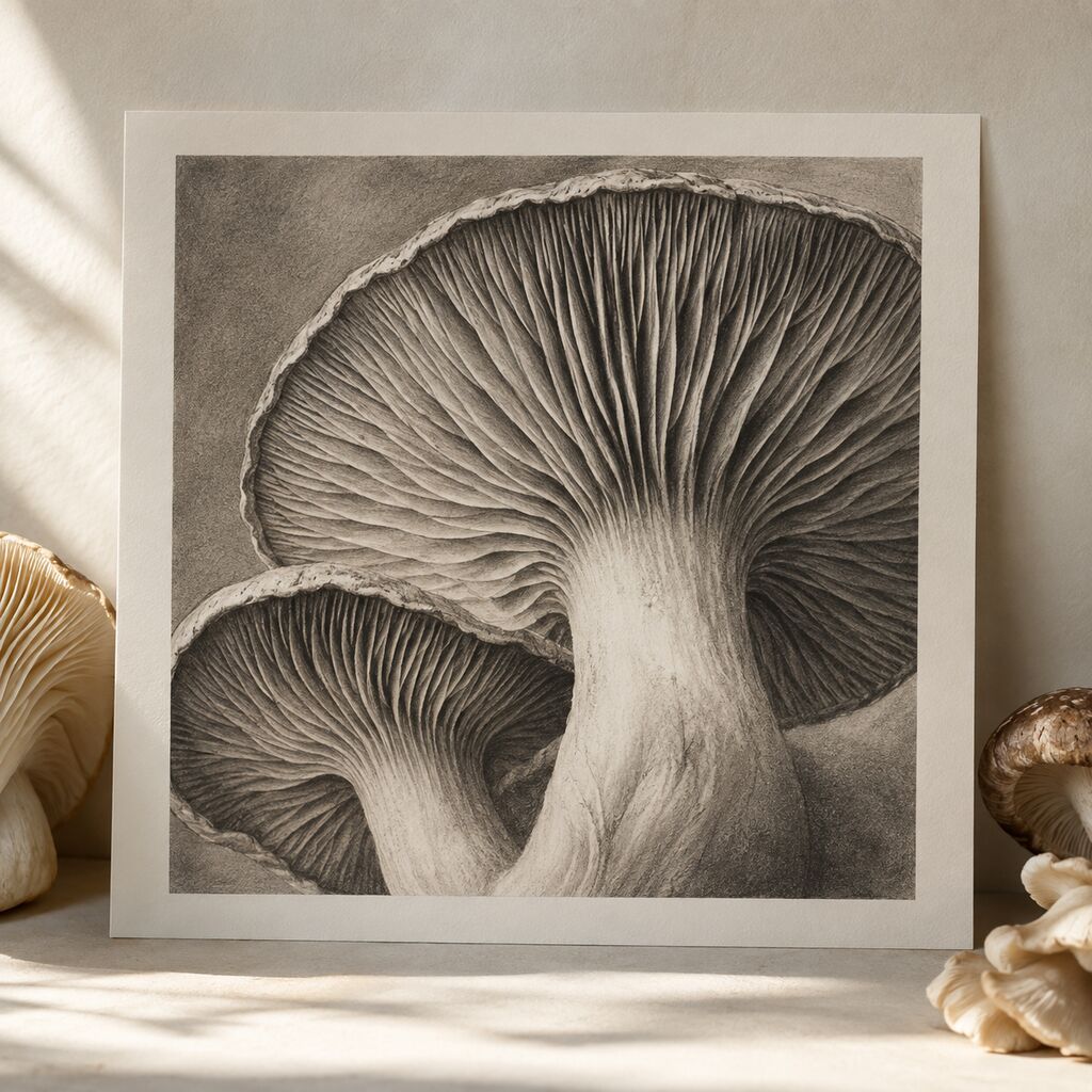 An unframed charcoal study of mushroom gills leaning on ivory paper.