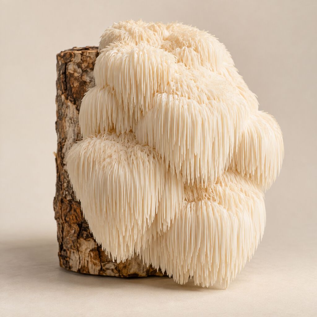 Lion's mane cascading in cream-white teeth from a short hardwood log.