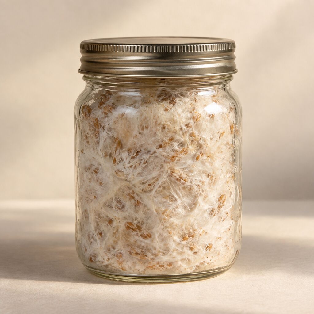 A sealed glass jar of grain covered in pearl-white oyster mycelium.