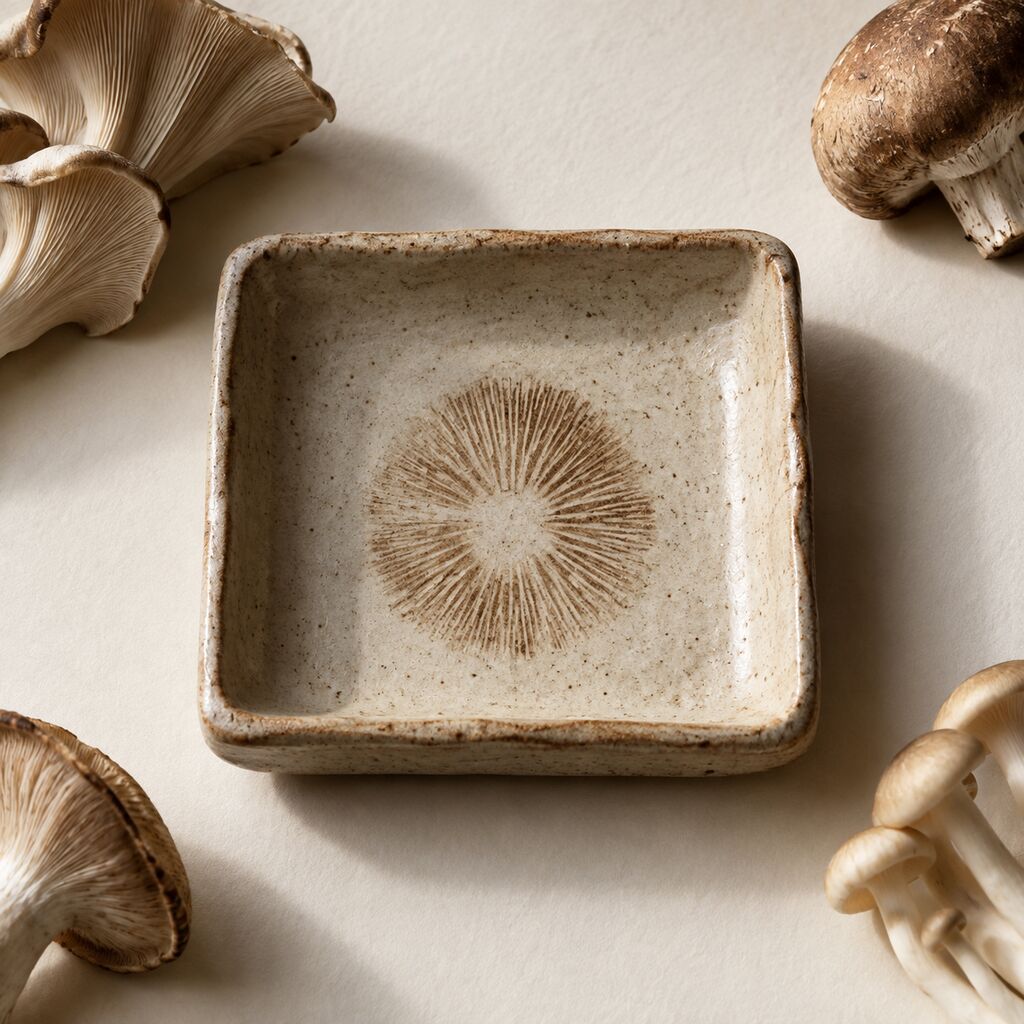 A handmade stoneware tray with a warm brown spore-print stain.